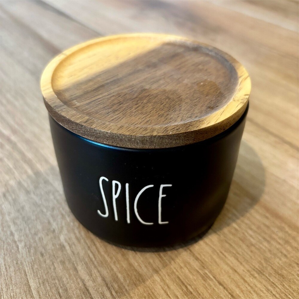 Rae Dunn Artisan Collection SPICE Black Canister Jar with Wood Lid 7 in